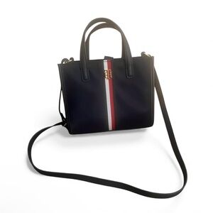 Elegant Black Handbag with Red and White Stripe